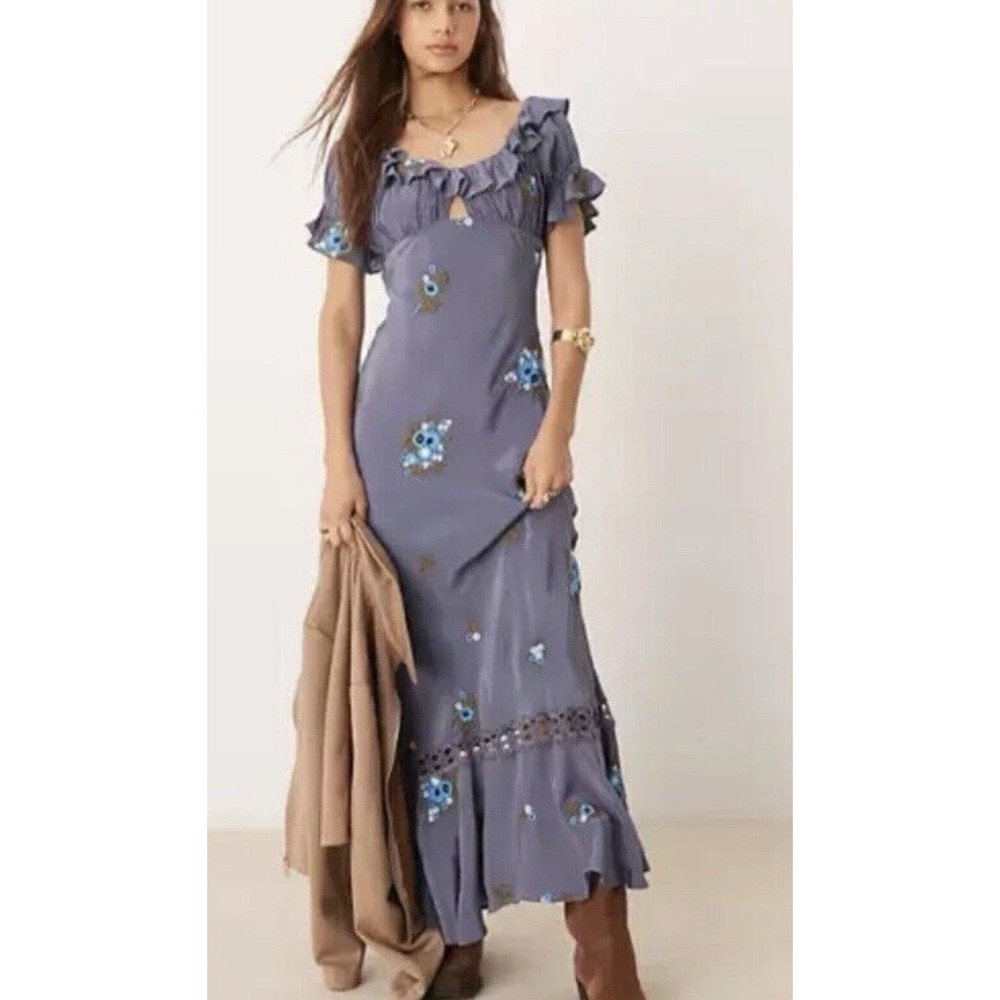 Free People Bali Santa Cruz Dress Indigo Puff Sleeve Floral Embroidered‎ Maxi XS
